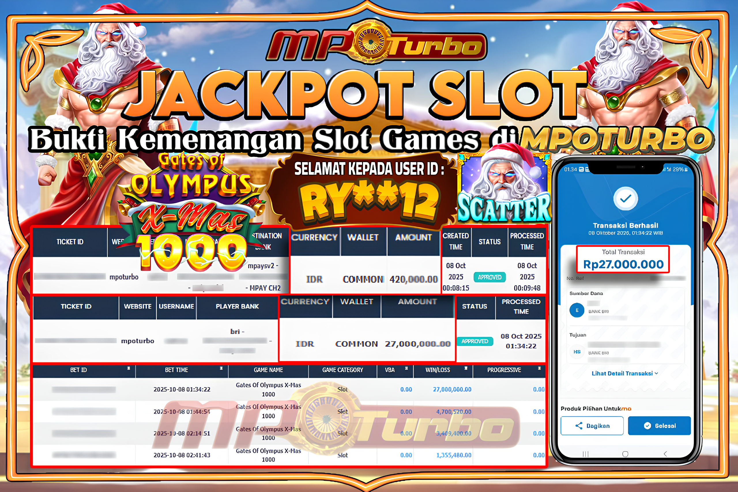 MPOTURBO JACKPOT SLOT GATES OF OLYMPUS X MAS 1000 - PRAGMATIC PLAY Rp 27,000,000.00,- LUNAS